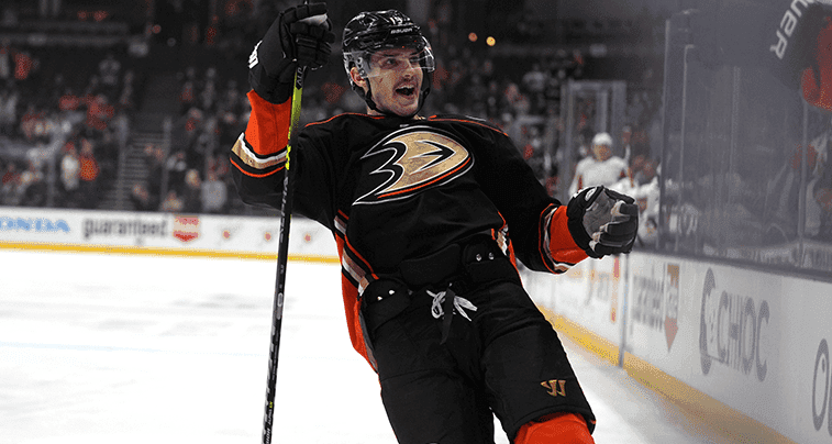 Anaheim Ducks' Troy Terry (19) skates during the first period of