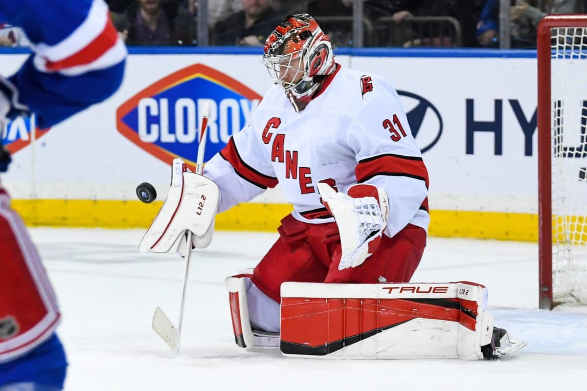 Watch: Carolina Hurricanes goaltender Frederik Andersen dangles puck to center ice