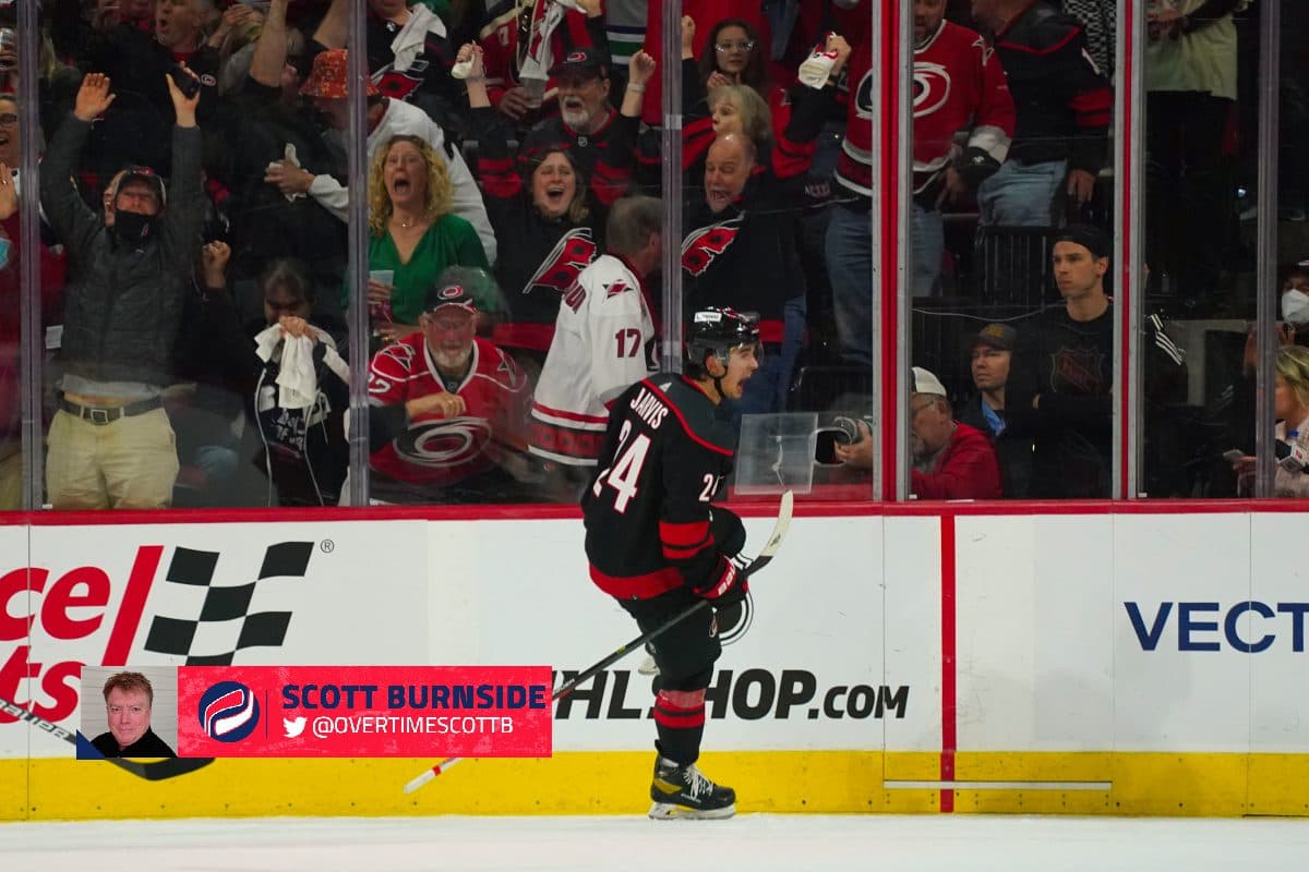 Canes 'goalie' Frederik Andersen shows off his handles during delayed  penalty