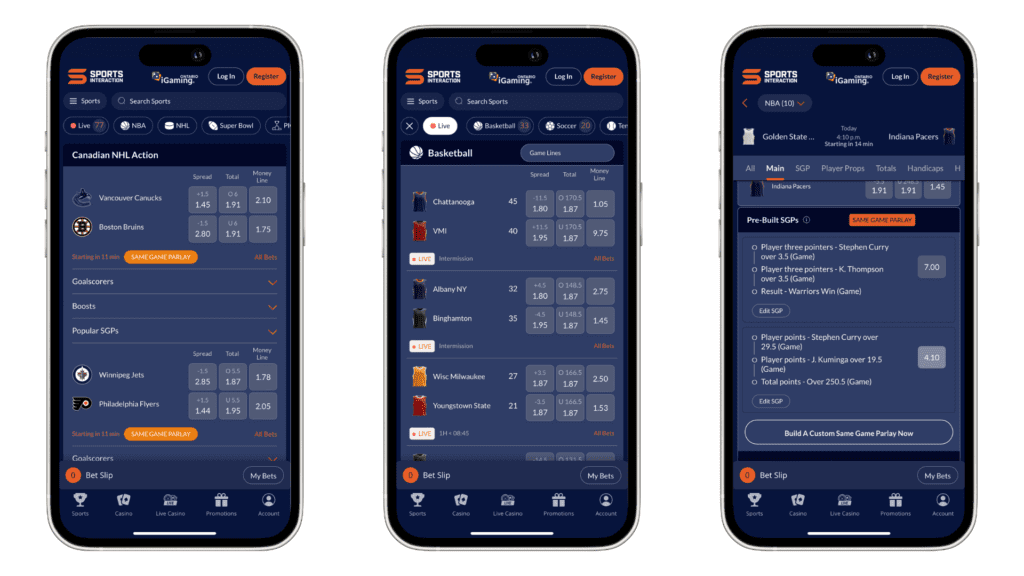 Mobile view of Sports Interaction betting pages