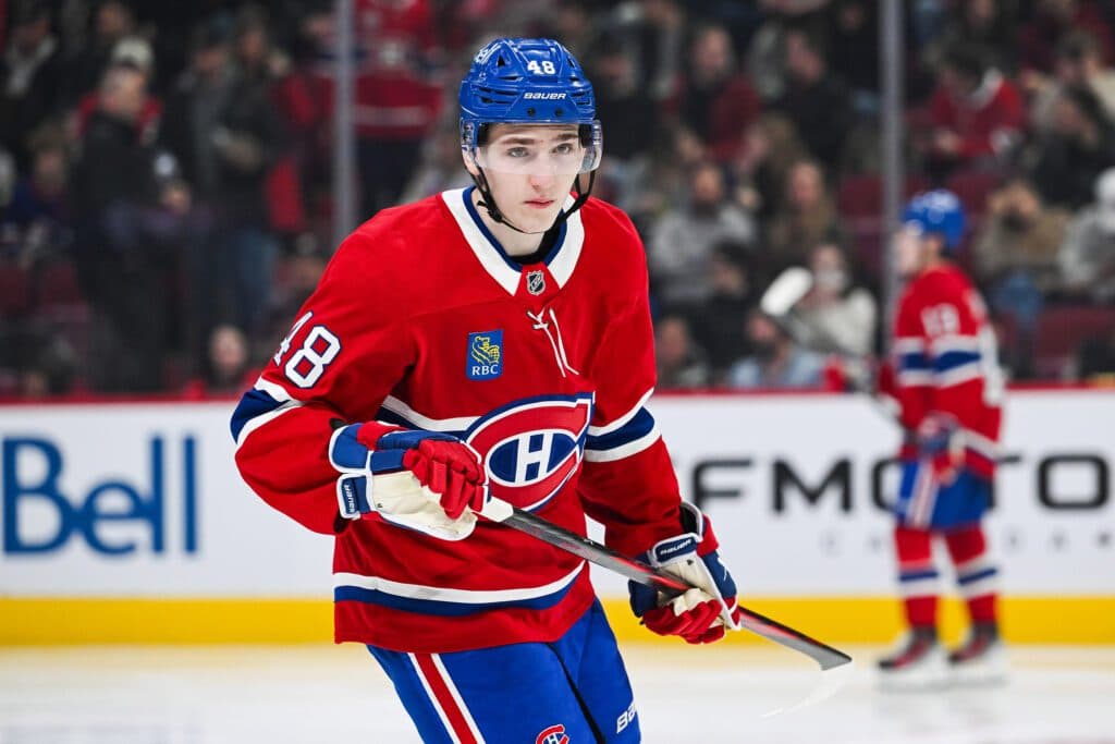 Feb 25, 2025; Montreal, Quebec, CAN; Montreal Canadiens defenseman Lane Hutson (48) looks on against the Carolina Hurricanesin the second period at Bell Centre. Mandatory Credit: David Kirouac-Imagn Images