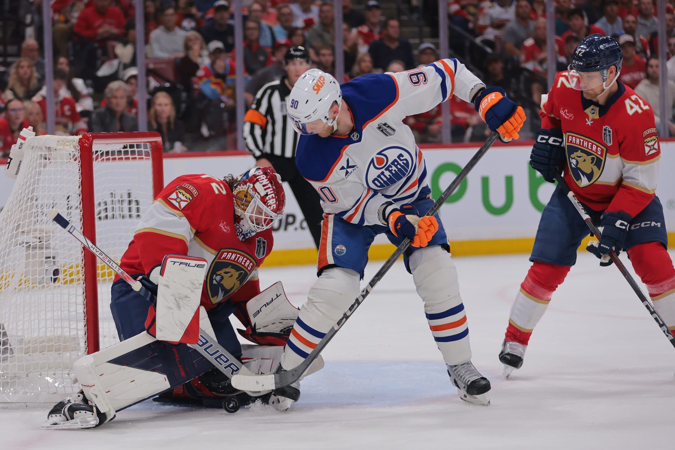 Florida Panthers goaltender Sergei Bobrovsky (72) defends against Edmonton Oilers right wing Corey Perry (90) during the first period in game three of the 2025 Stanley Cup Final at Amerant Bank Arena.