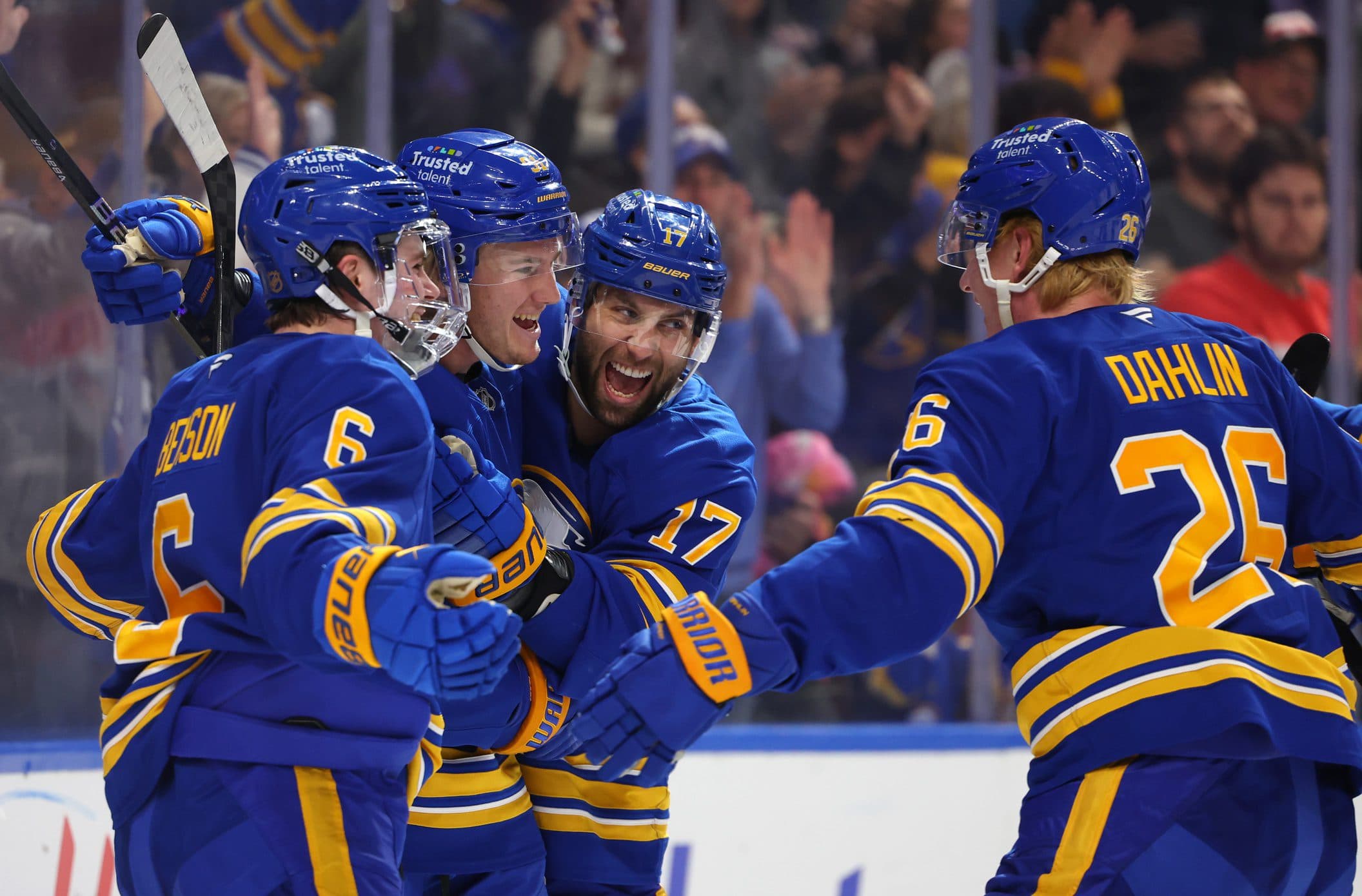 Buffalo Sabres right wing Josh Doan (91) celebrates his goal with teammates during the second period against the Florida Panthers at KeyBank Center.