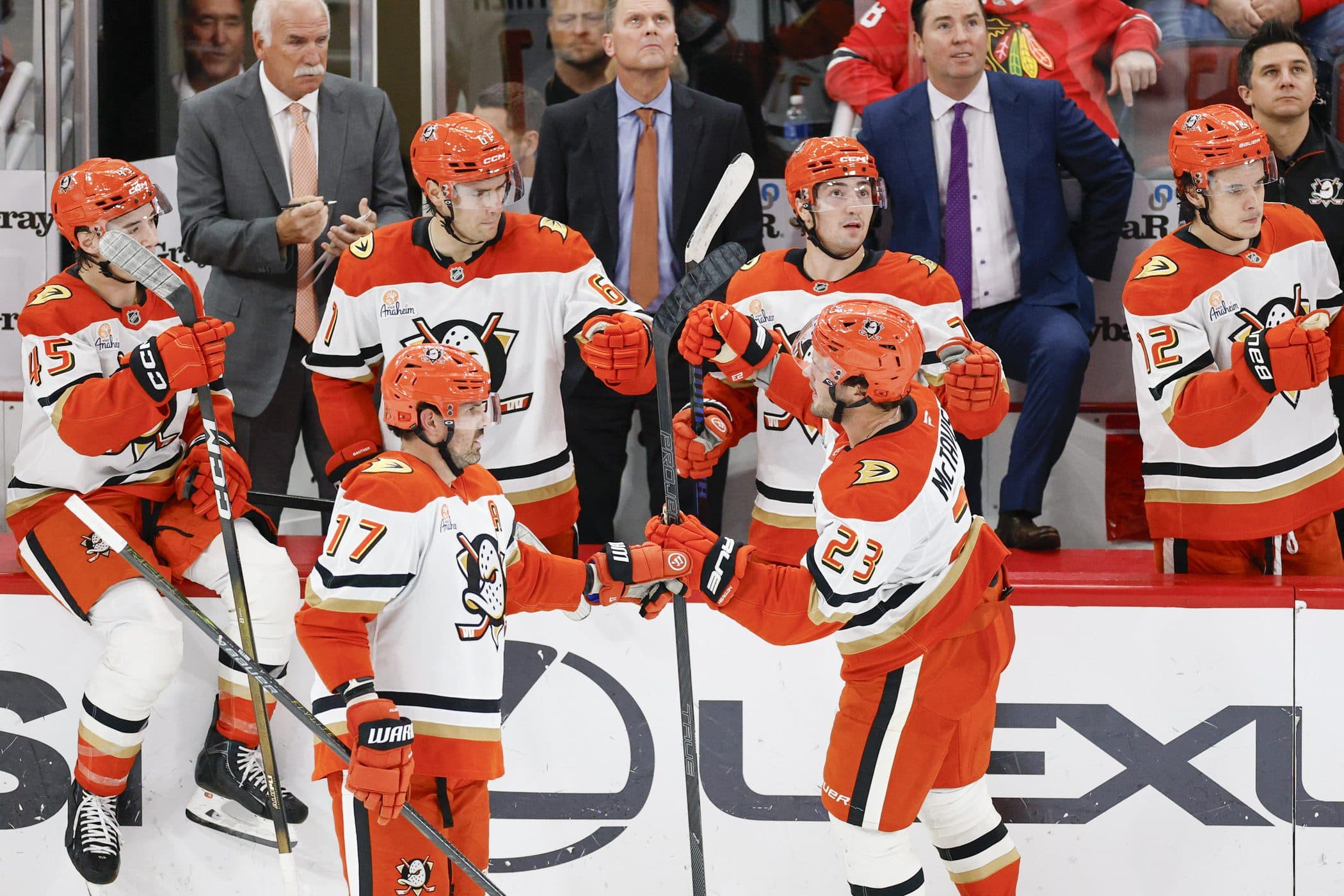 Anaheim Ducks center Mason McTavish (23) celebrates with teammates after scoring against the Chicago Blackhawks during the third period at United Center.