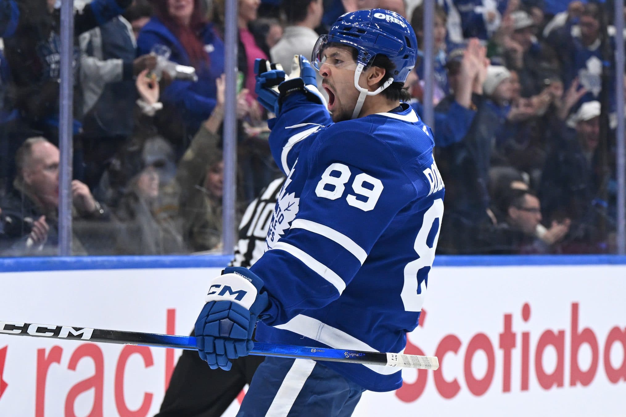 Toronto Maple Leafs forward Nick Robertson (89) celebrates after scoring a goal against the Boston Bruins in the first period at Scotiabank Arena.