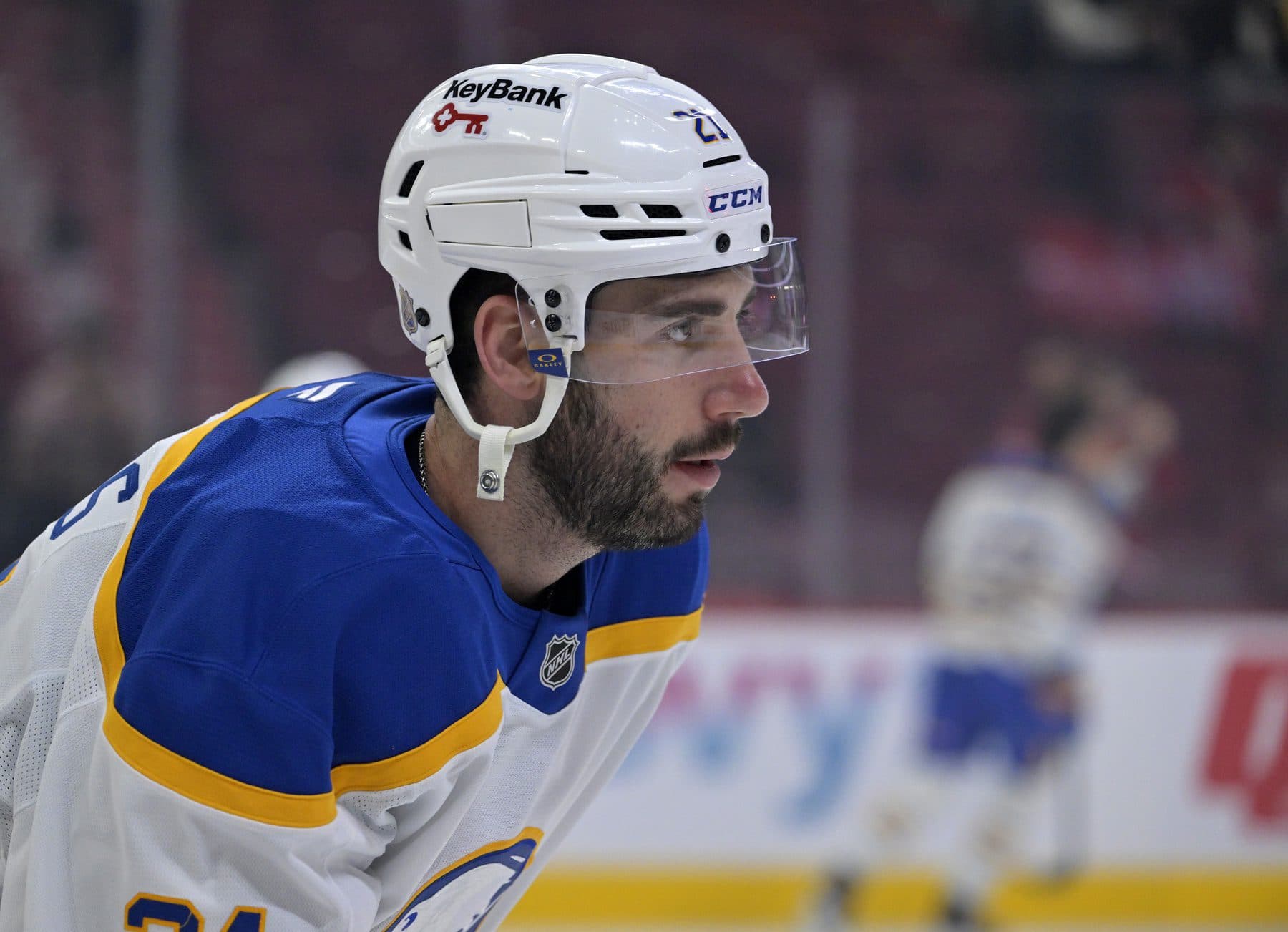 Buffalo Sabres defenseman Conor Timmins (21) skates during the warmup period before the game against the Montreal Canadiens at the Bell Centre.