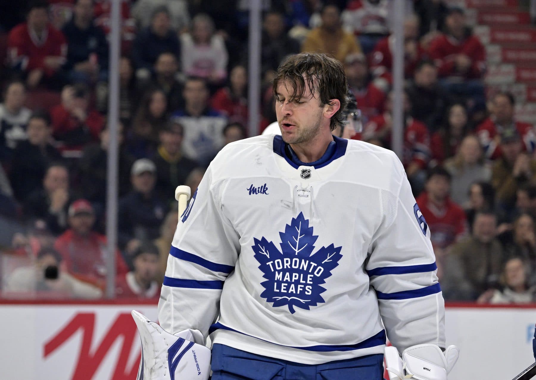 Toronto Maple Leafs goalie Joseph Woll (60) loses his mask during the second period of the game against the Montreal Canadiens at the Bell Centre.