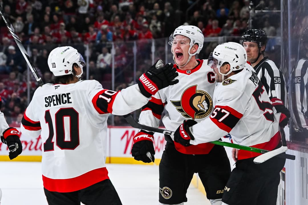 Senators’ Brady Tkachuk pretends to toss puck to Canadiens fan