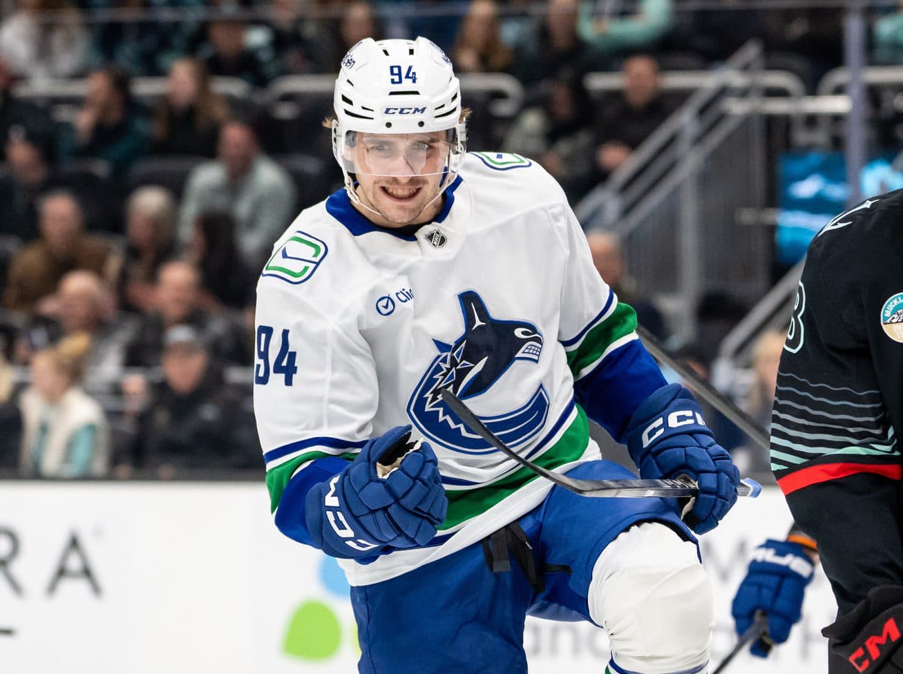 Vancouver Canucks forward LinusKarlsson (94) celebrates after scoring a goal during the first period against the Seattle Kraken at Climate Pledge Arena.