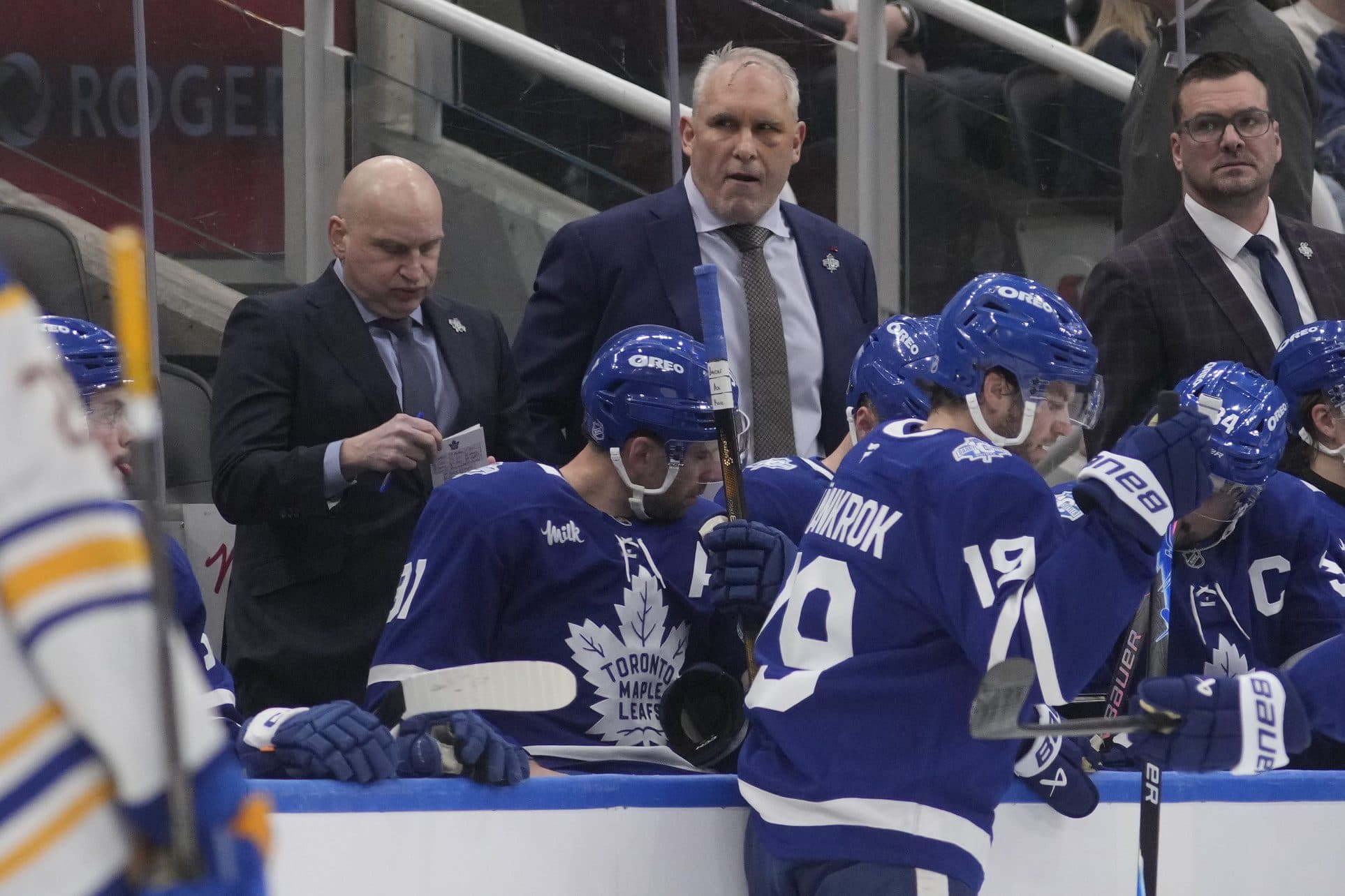 Toronto Maple Leafs head coach Craig Berube (center) during a break in the action against the Buffalo Sabres at Scotiabank Arena.
