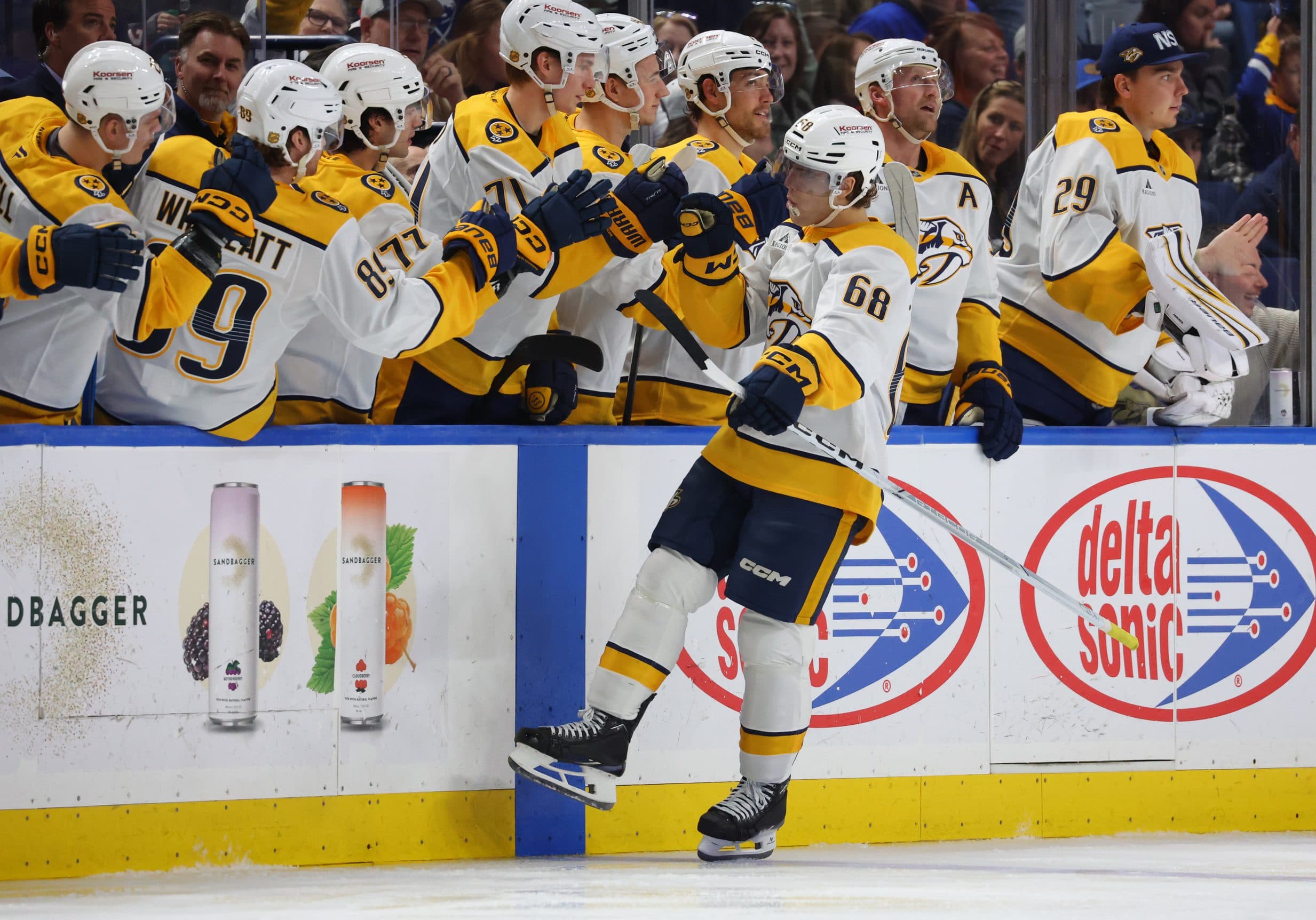 Nashville Predators left wing Zachary L'heureux (68) celebrates his goal with teammates during the second period against the Buffalo Sabres at KeyBank Center.