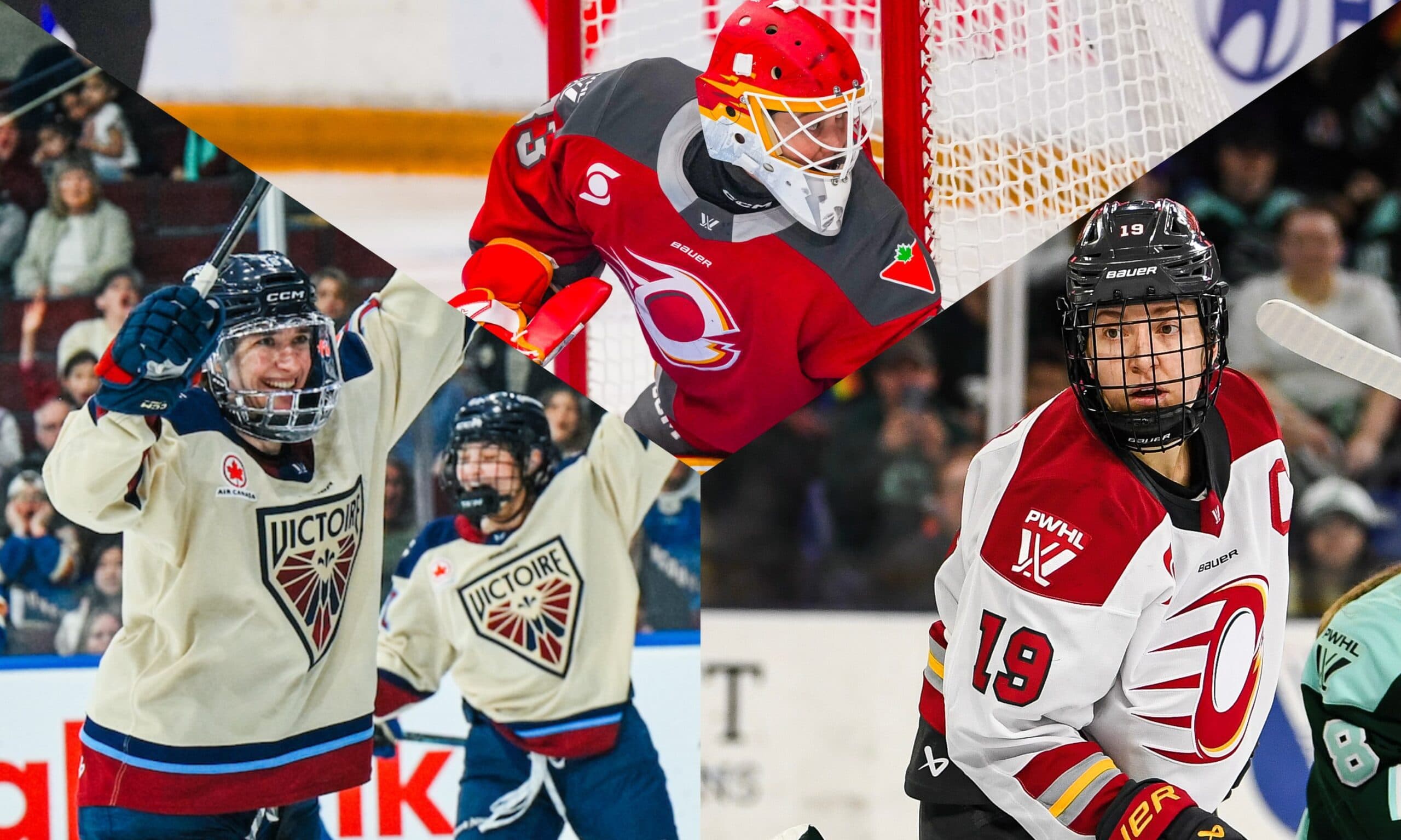 Ottawa Charge forward Brianne Jenner, Ottawa Charge goaltender Gwyneth Philips, Montreal Victoire forward Hayley Scamurra