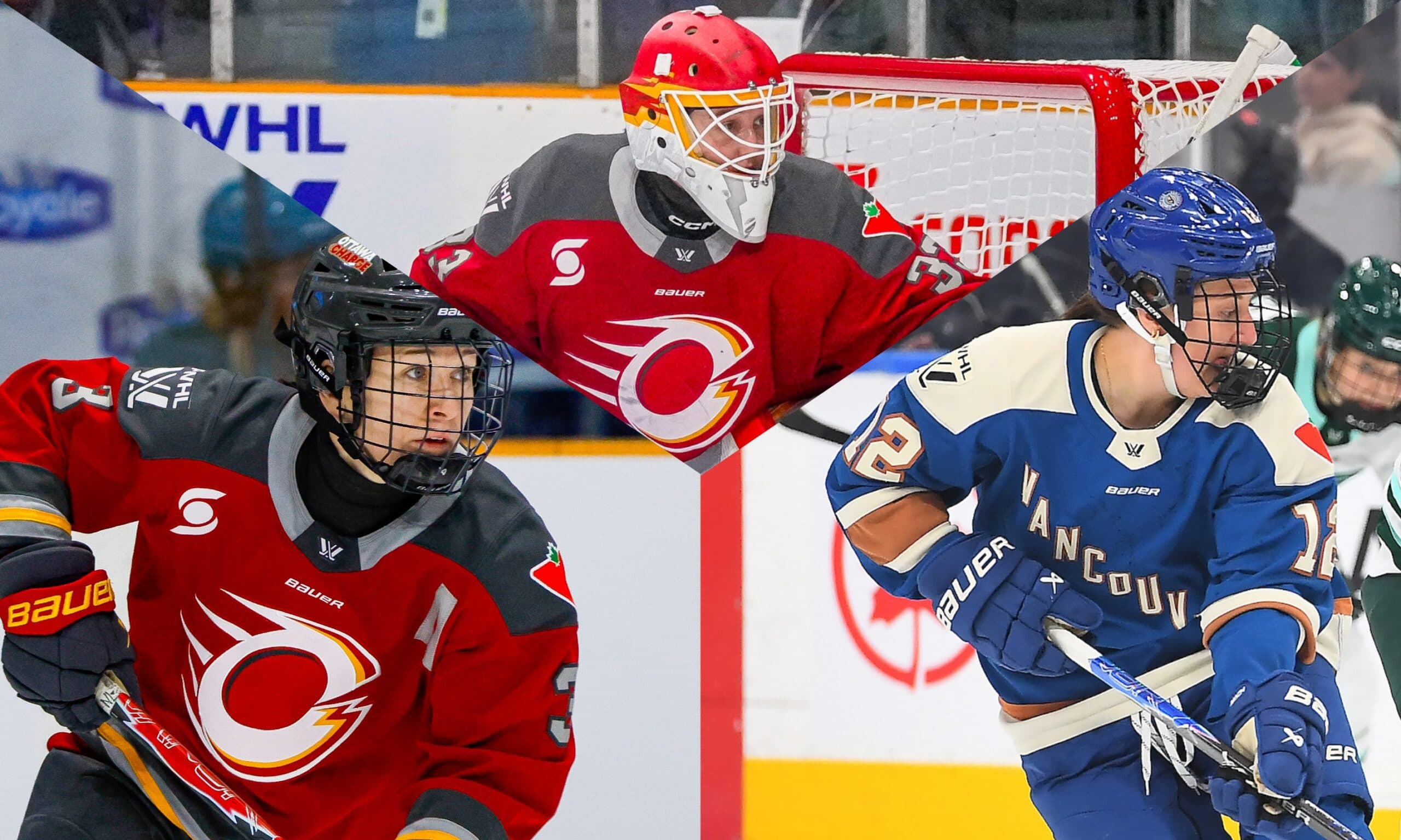 Ottawa Charge defender Jocelyne Larocque, Ottawa Charge goaltender Gwyneth Philips, Vancouver Goldeneyes forward Jenn Gardiner