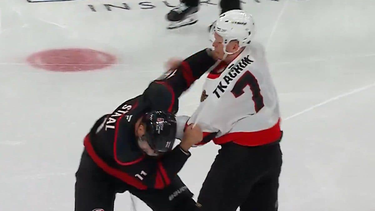 WATCH: Senators’ Tkachuk, Hurricanes’ Staal fight off opening faceoff of 2026 Stanley Cup playoffs