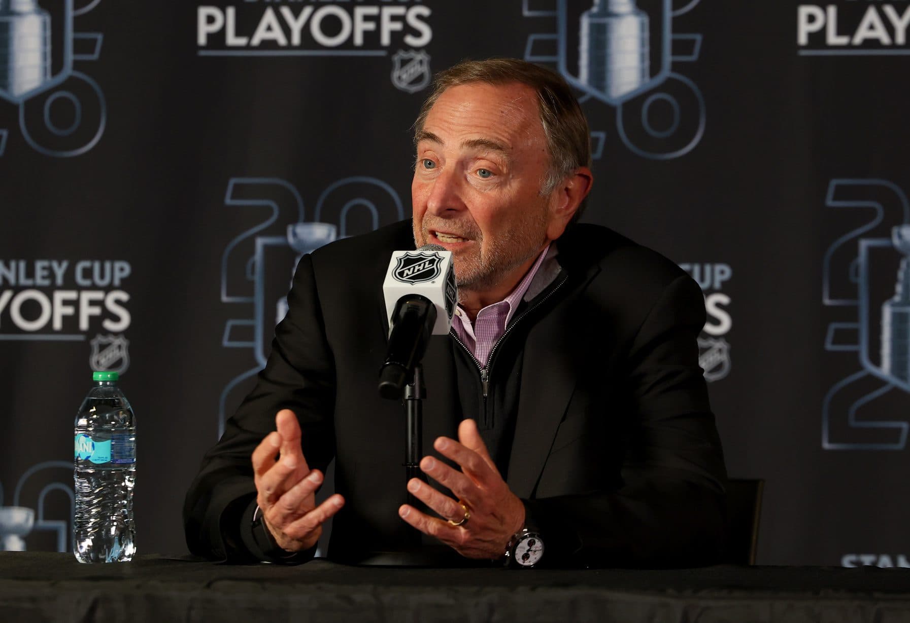 NHL Commissioner Gary Bettman talks to the media prior to a game between the Buffalo Sabres and the Boston Bruins in game two of the first round of the 2026 Stanley Cup Playoffs at KeyBank Center.