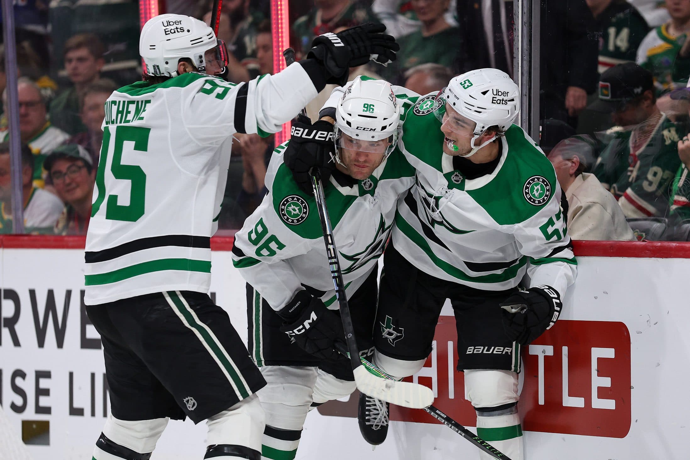 Dallas Stars center Wyatt Johnston (53) celebrates his game winning goal during the second overtime period in game three of the first round of the 2026 Stanley Cup Playoffs against the Minnesota Wild at Grand Casino Arena.