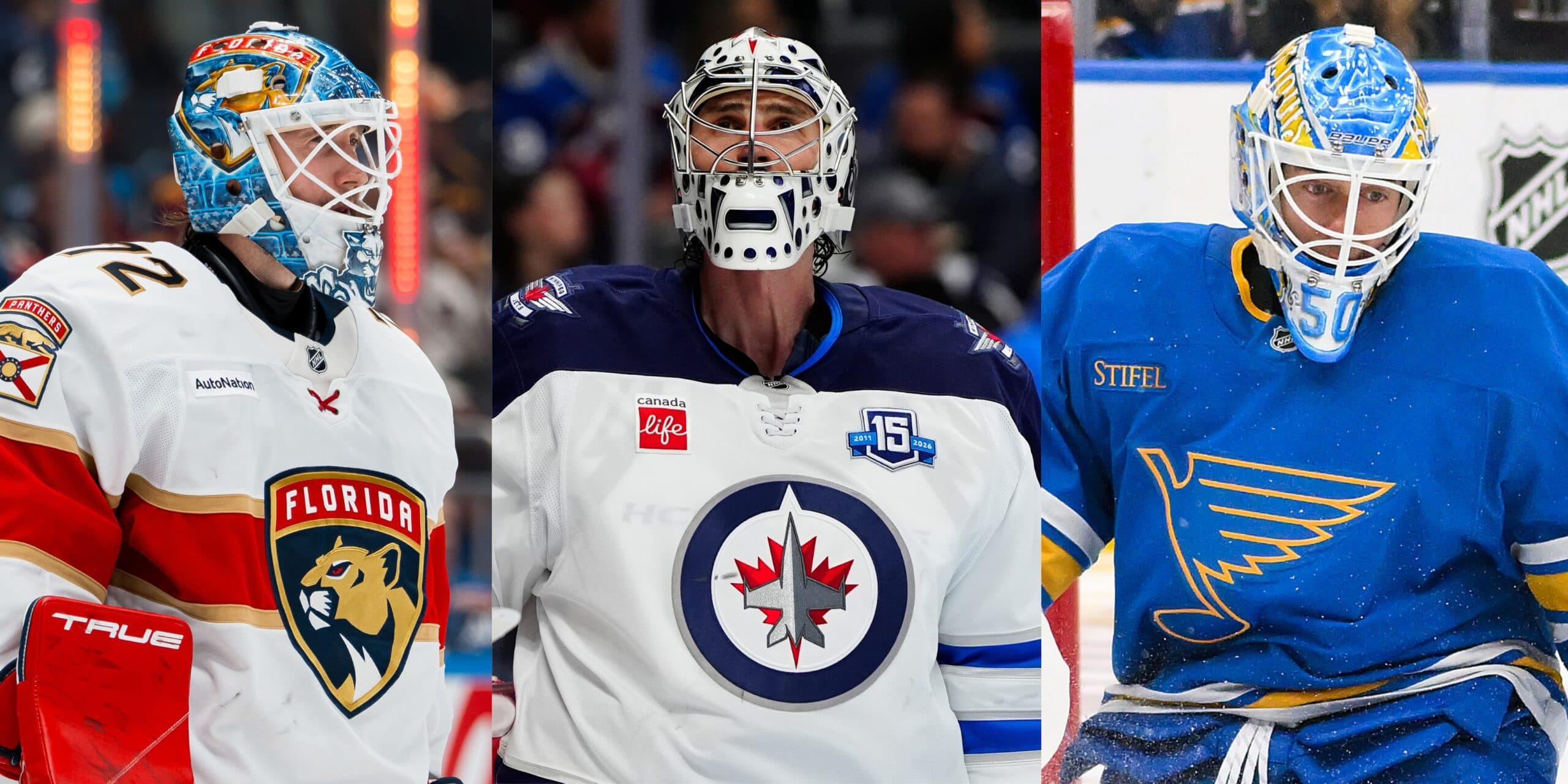 Sergei Bobrovsky, Connor Hellebuyck and Jordan Binnington