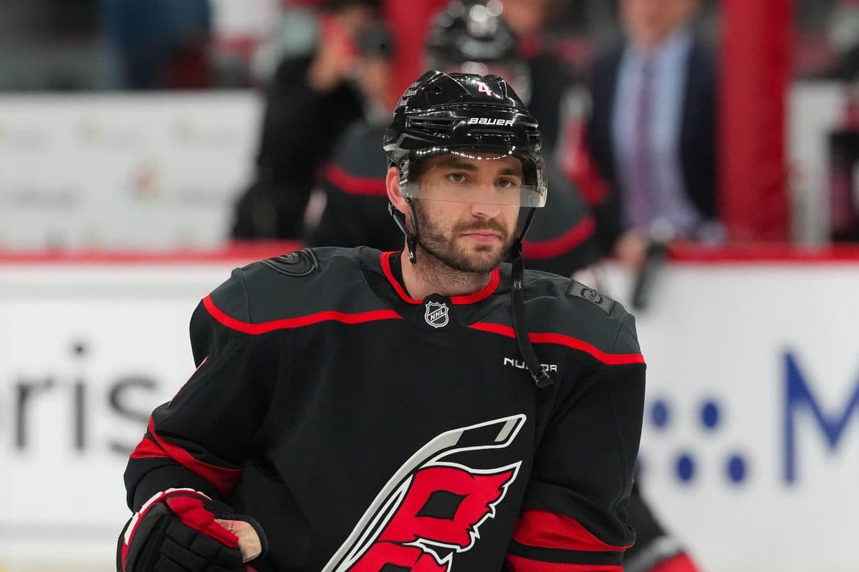 Carolina Hurricanes defenseman Shayne Gostisbehere (4) looks on during the warmups before the game against the Philadelphia Flyers at Lenovo Center.