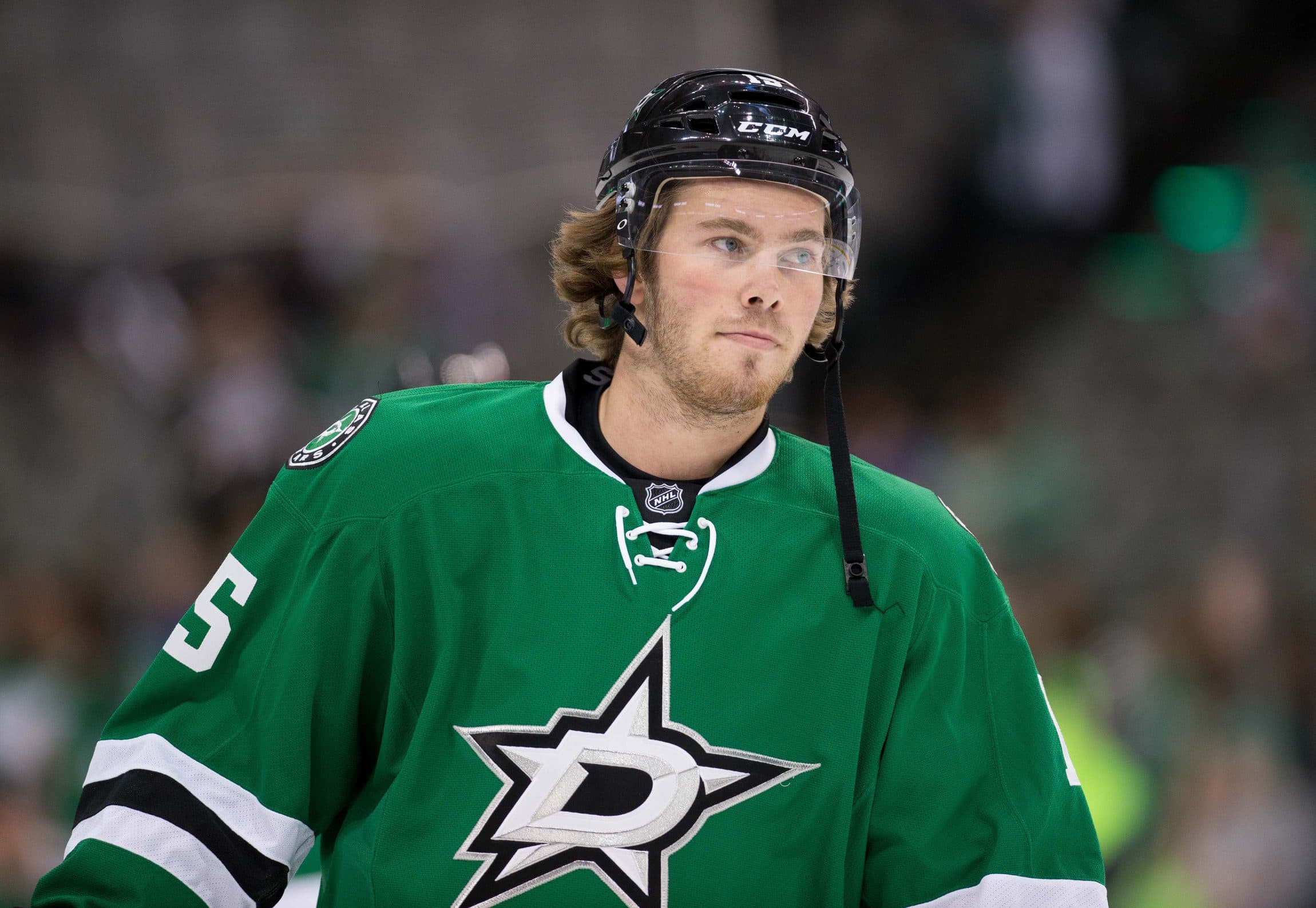 Dallas Stars rookie right wing Scott Glennie (15) skates during warmups before the game against the St. Louis Blues at the American Airlines Center.