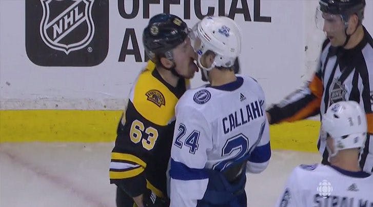 Brad Marchand low bridges and licks Ryan Callahan in Game 4
