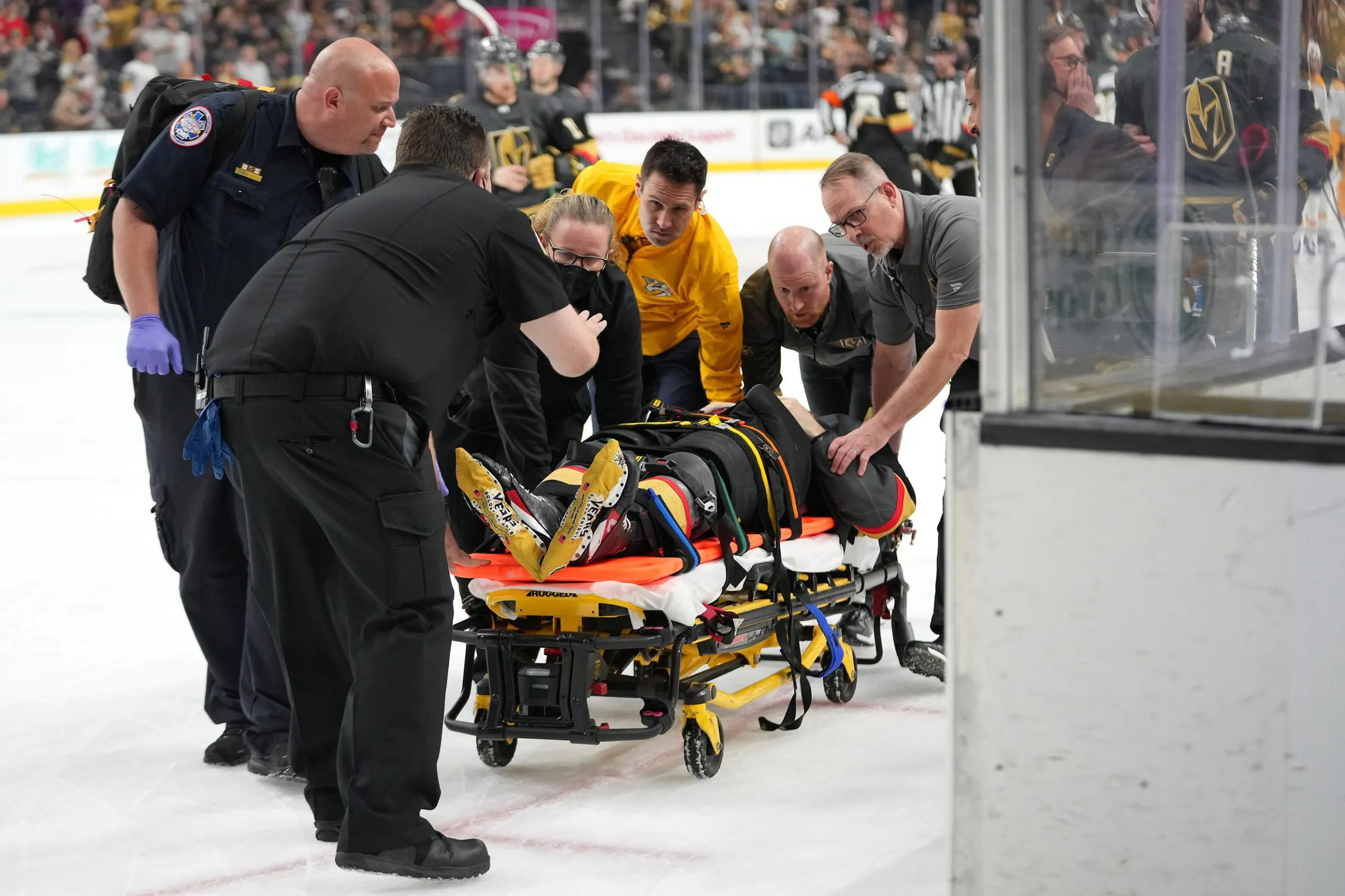 Brett Howden leaves Vegas Golden Knights game on a stretcher after a scary collision