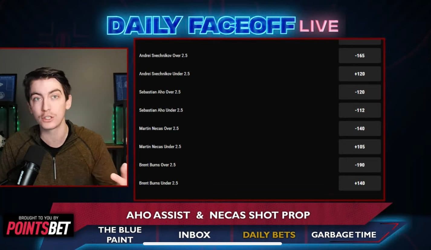 PointsBet Daily Picks: Necas/Moore shot prop & Sebastian Aho assist prop