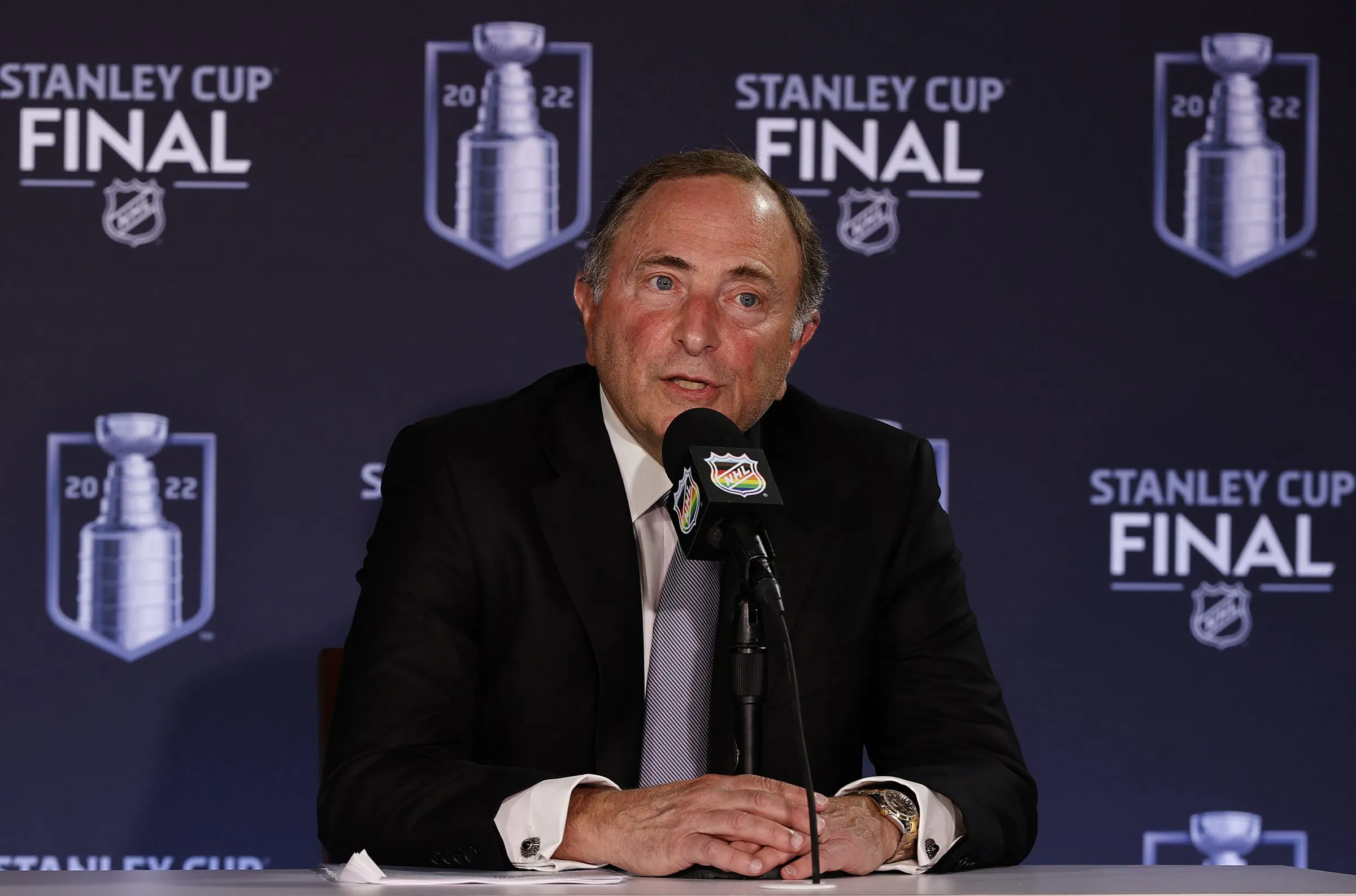 ‘He’s not eligible to come into the NHL’: Gary Bettman comments on Bruins signing Mitchell Miller