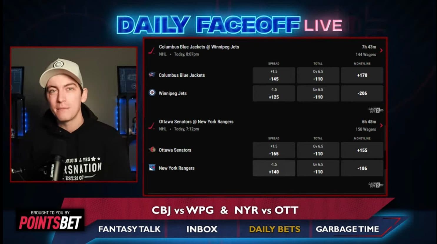 PointsBet Daily Bets: Blue Jackets/Jets Puckline & Rangers/Senators Puckline