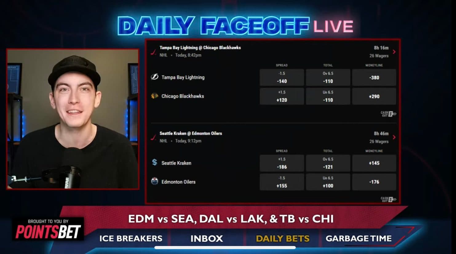PointsBet Daily Bets: Oilers/Kraken & Lightning/Blackhawks Puckline