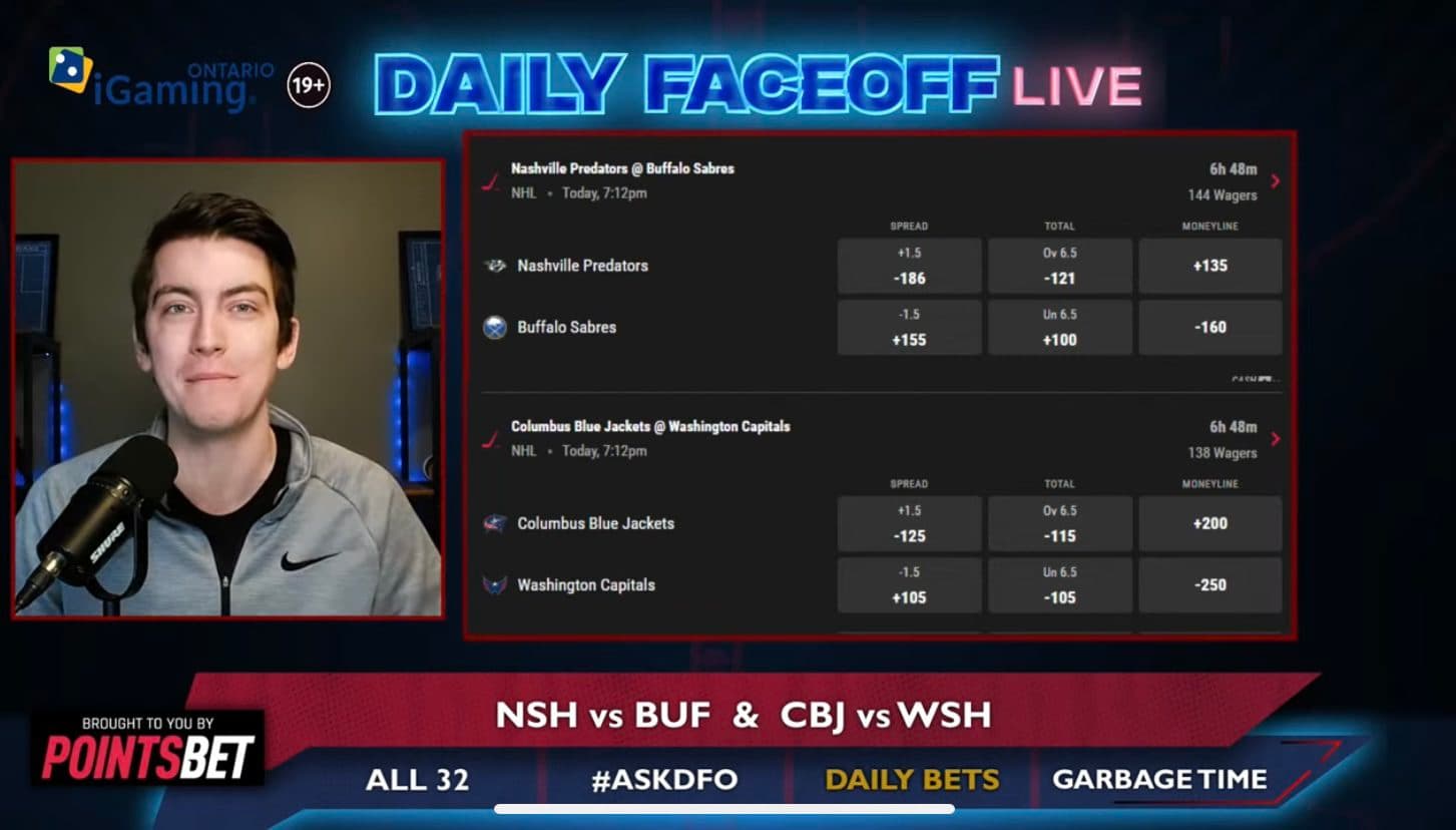 PointsBet Daily Bets: Predators/Sabres Moneyline & Blue Jackets/Capitals Over 6.5