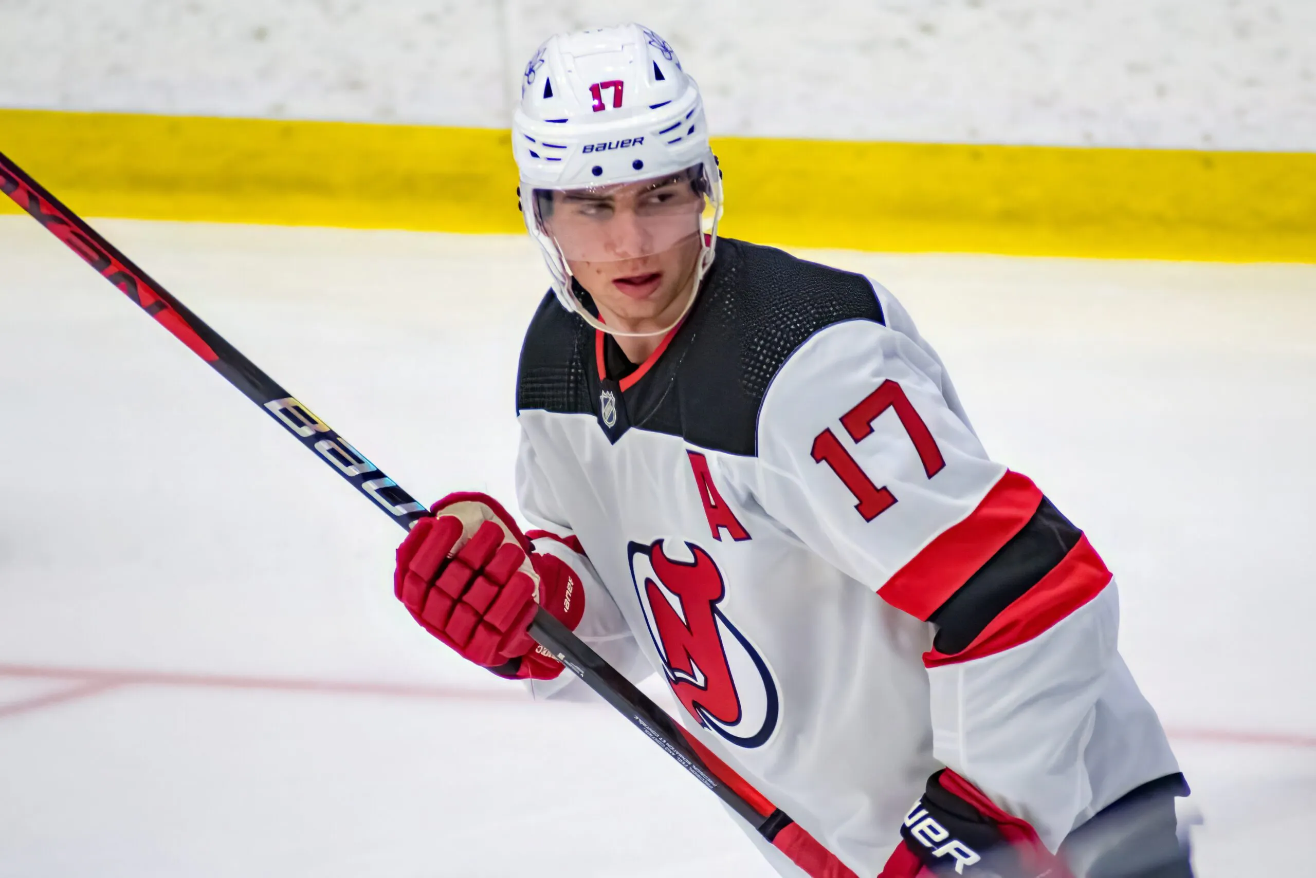 John Marino of the New Jersey Devils gets ready during a face off