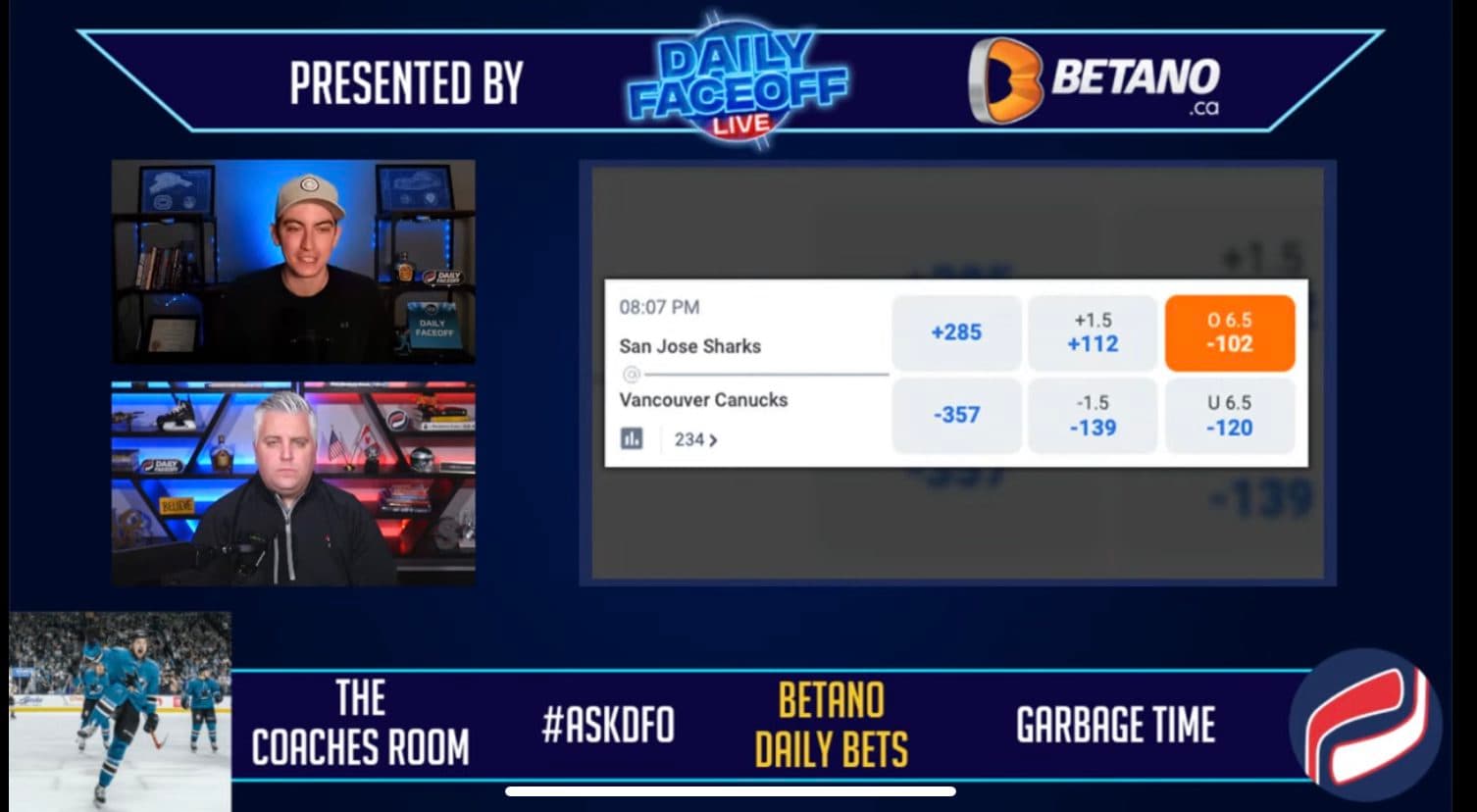 Betano Daily Bets: Canucks Vs Sharks Over 6.5 & Van Riemsdyk/Ekblad shot prop parlay