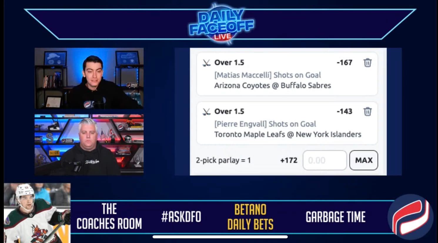 Betano Daily Bets: Pierre Engvall and Matias Maccelli shot prop parlay +172