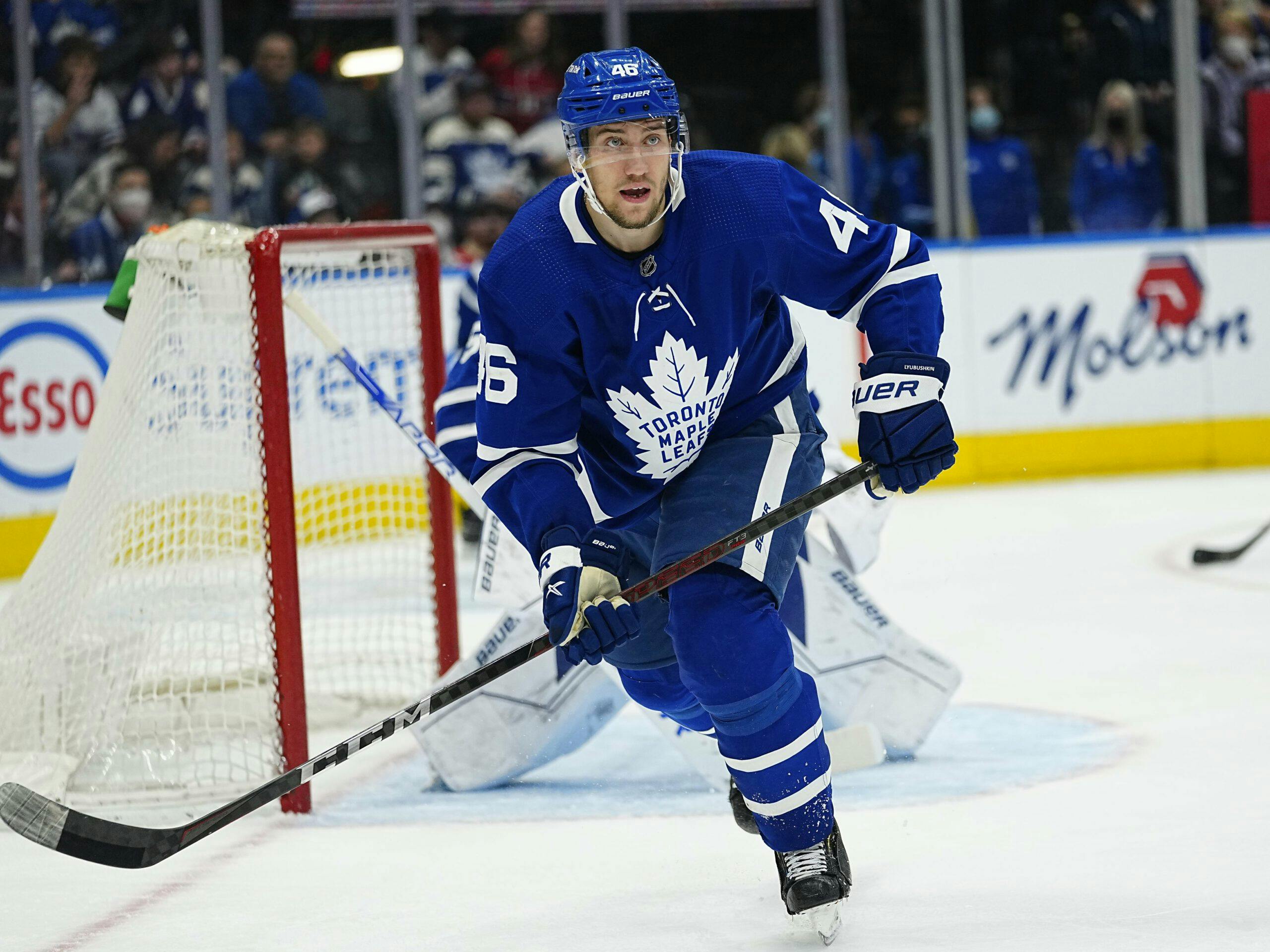 Ilya Lyubushkin leaves game in first night back with Maple Leafs after hit from Matt Rempe