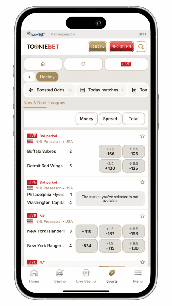 A screenshot mockup of the TooonieBet Canada betting app's hockey betting page.