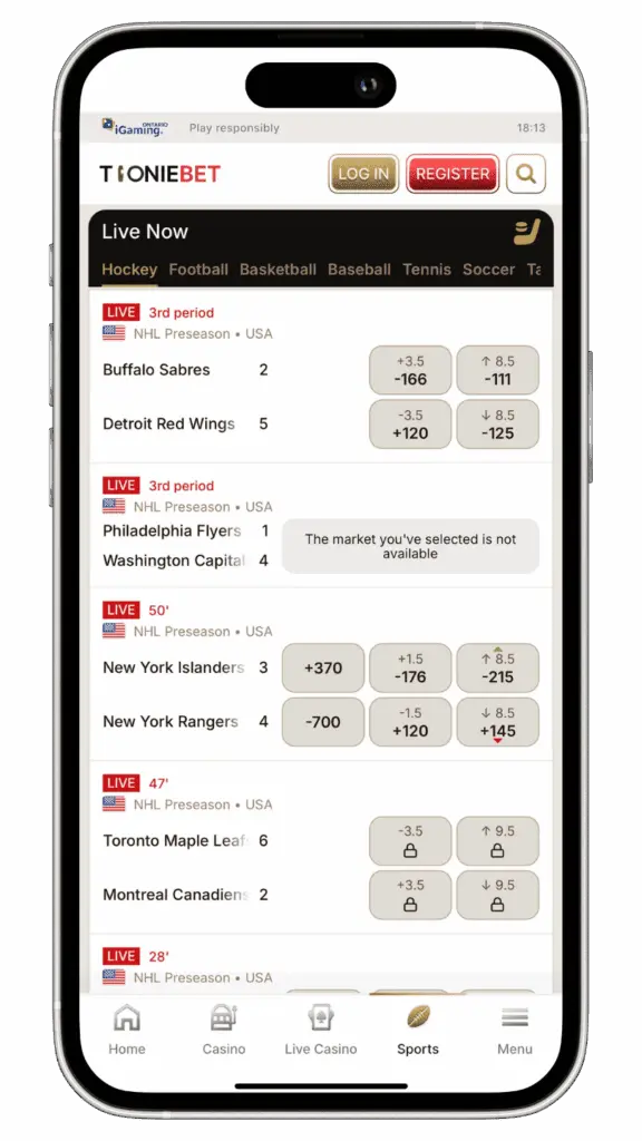 A screenshot mockup of the TooonieBet Canada betting app's live sports betting page.