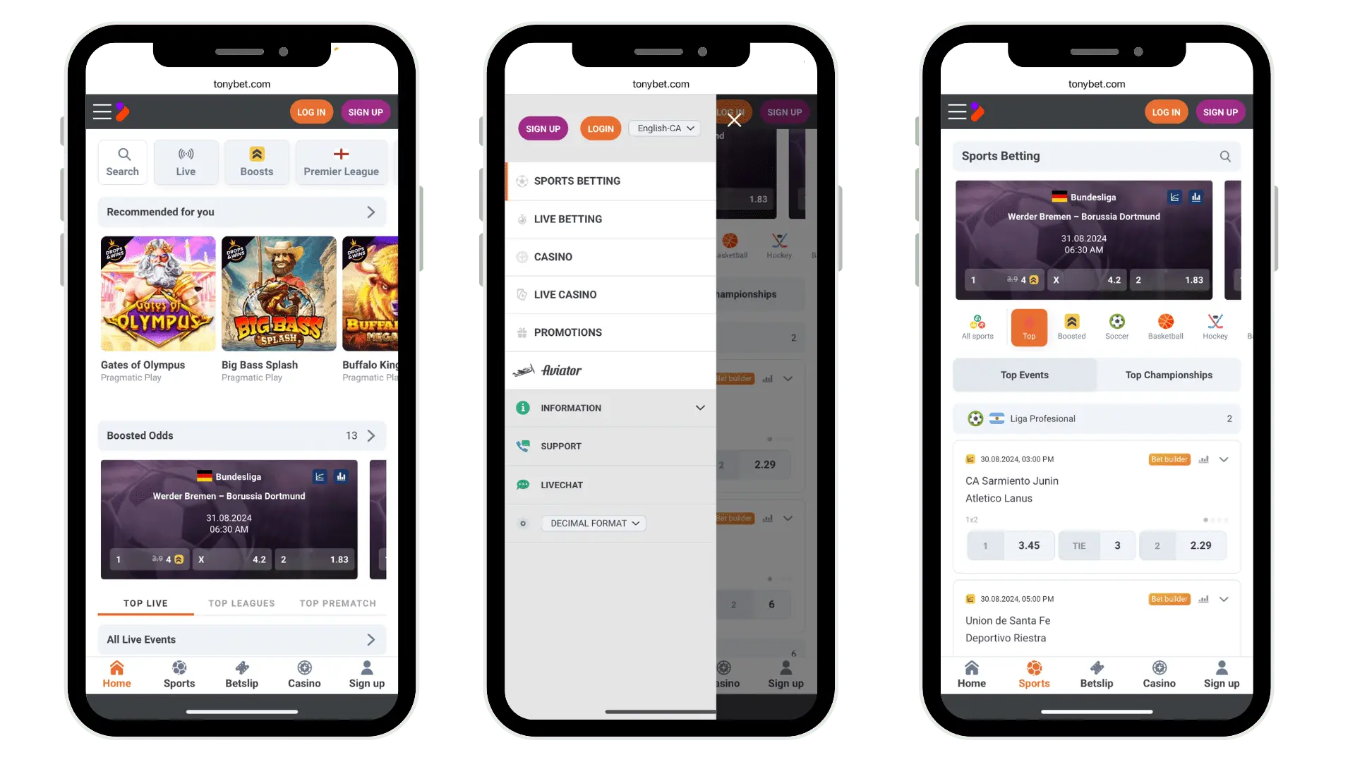 Three screenshot mockups of the TonyBet's sports betting apps Canada, including the home screen, side menu, and additional betting markets.