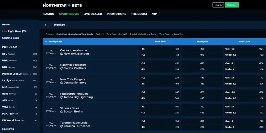 A screenshot of the desktop view of Northstar Bets hockey betting page