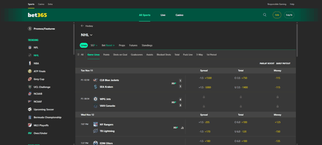 A screenshot desktop view of bet365's NHL betting page.