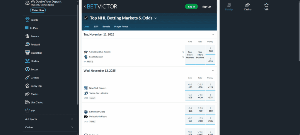 A screenshot desktop view of BetVictor's NHL betting page.