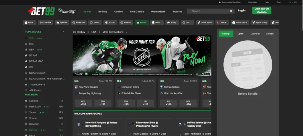 A screenshot desktop view of BET99's NHL betting page.