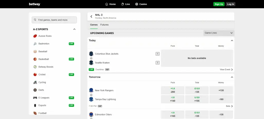 A screenshot desktop view of Betway's NHL betting page.