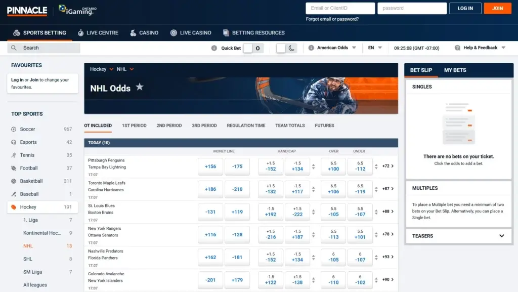 A screenshot of the desktop view of Pinnacle sportsbook's NHL betting page