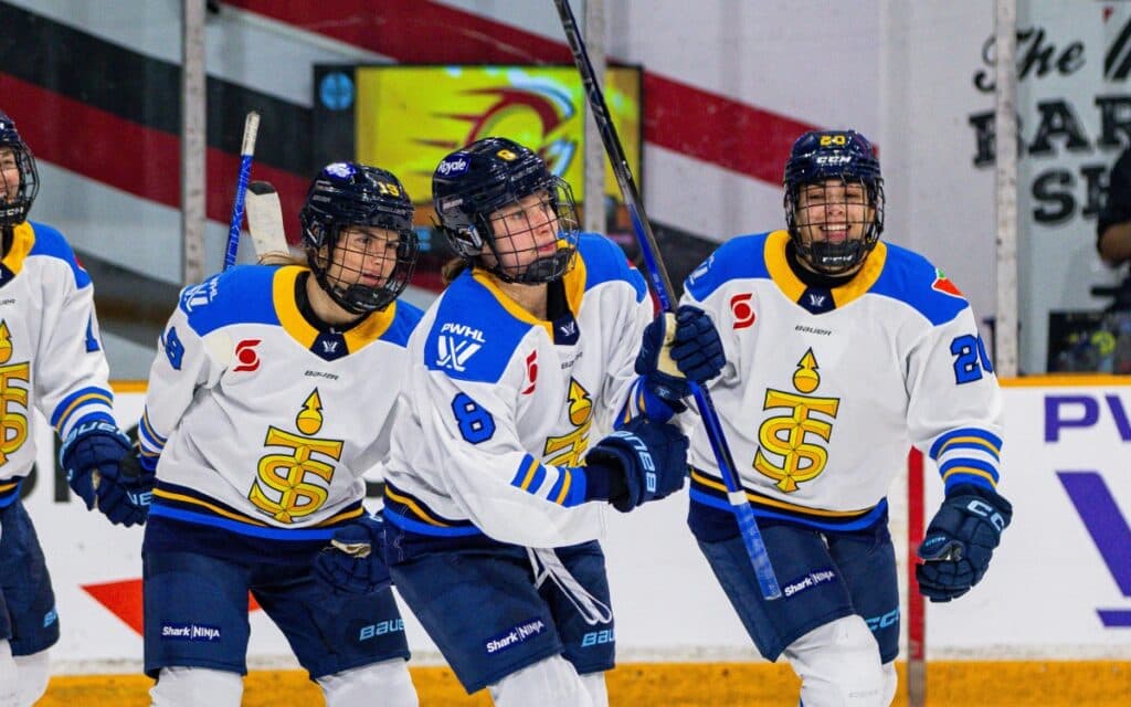 Toronto Sceptres defender Lauren Bernard, and forwards Izzy Daniel and Sarah Nurse