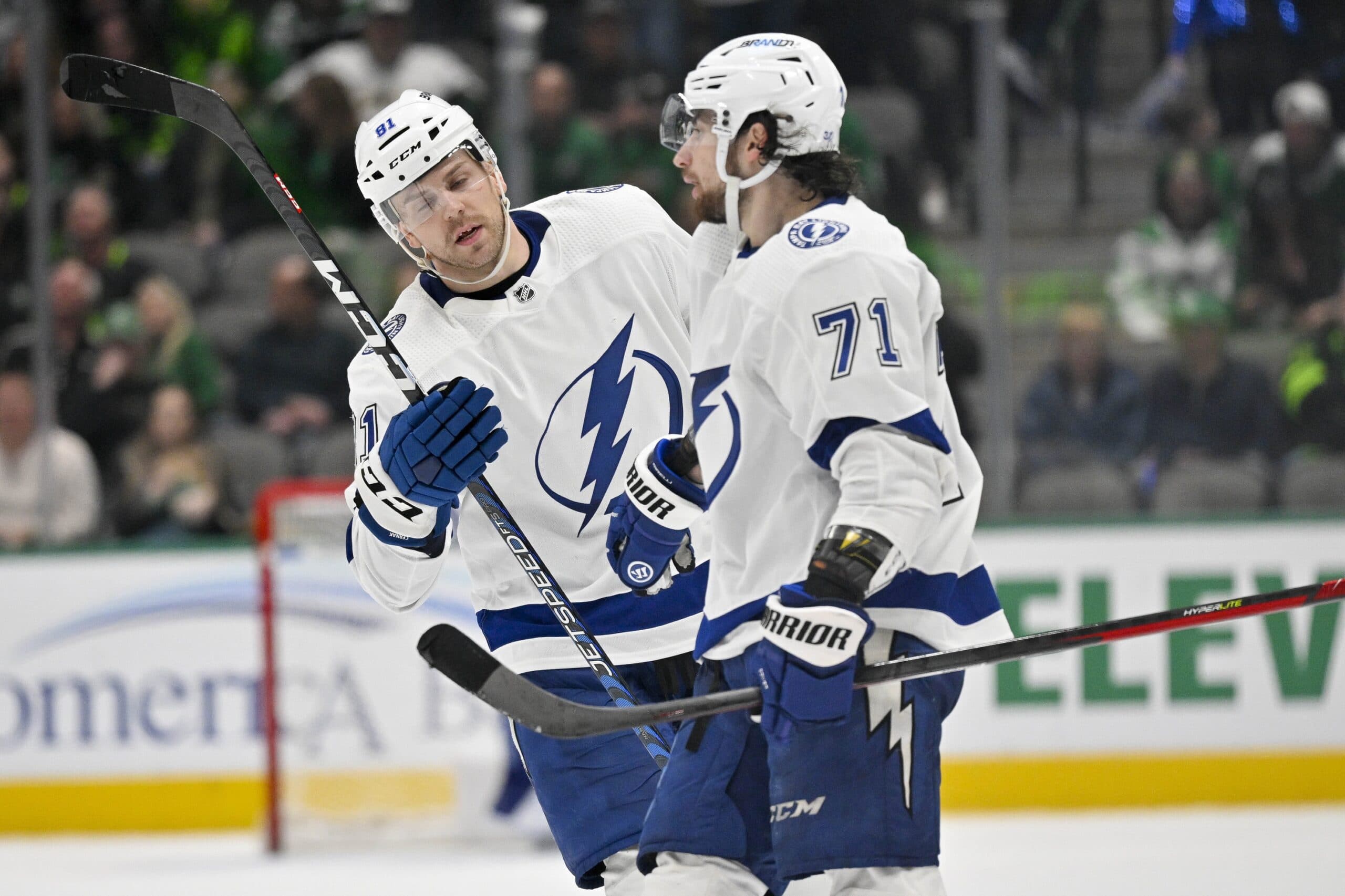 Tampa Bay Lightning defenseman Erik Cernak (81) and center Anthony Cirelli (71) celebrate the win over the Dallas Stars at the American Airlines Center.