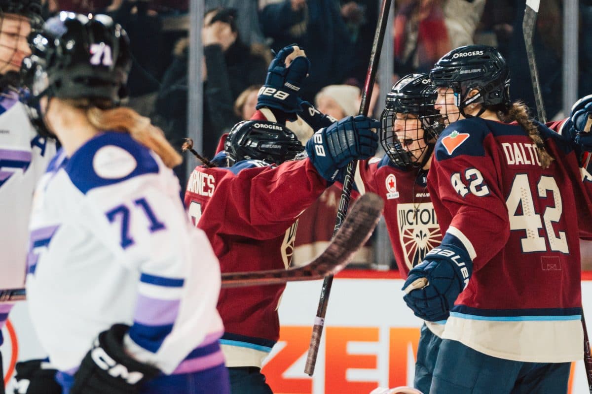 Montreal Victoire teammates Cayla Barnes, Marie-Philip Poulin, Claire Dalton