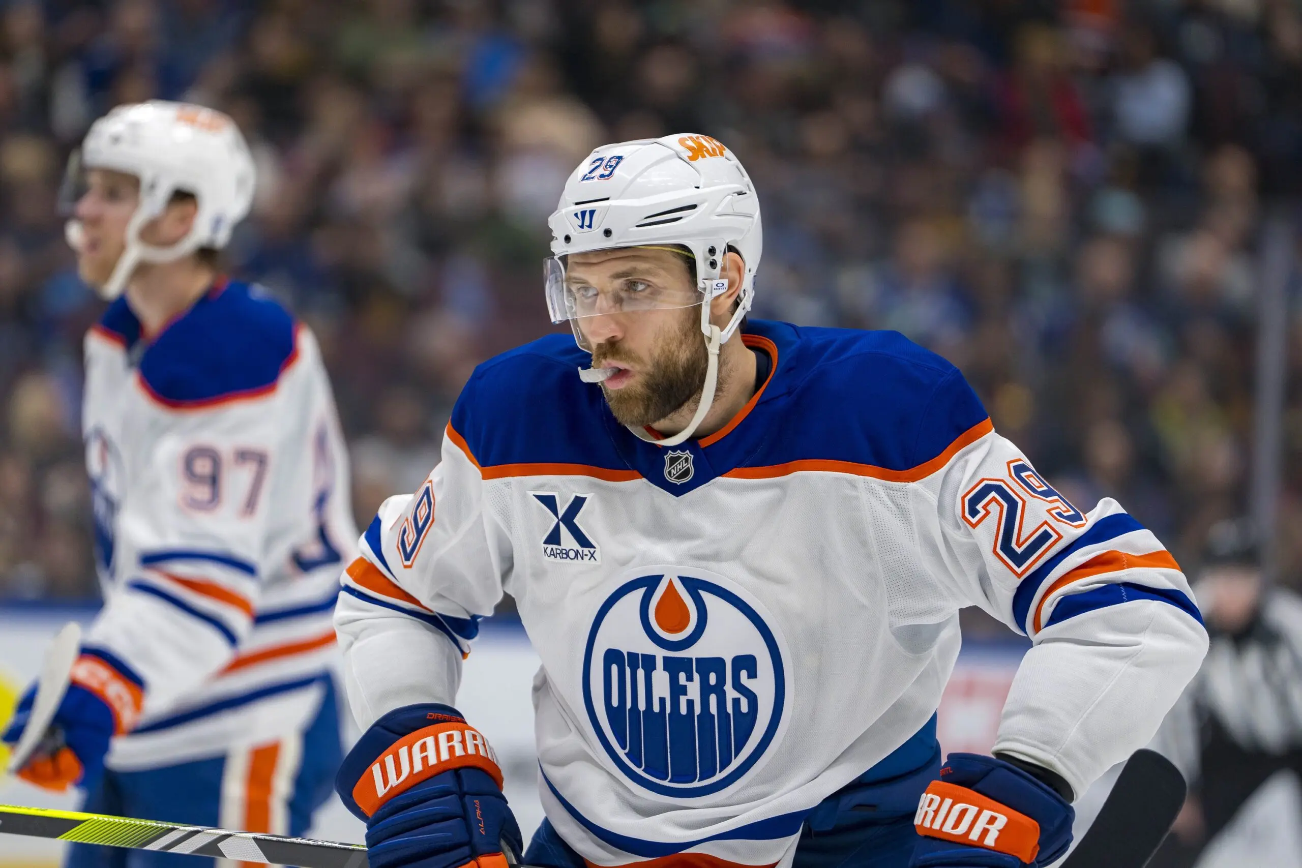 Edmonton Oilers forward Leon Draisaitl (29) prepares for a face off against the Vancouver Canucks during the first period at Rogers Arena.