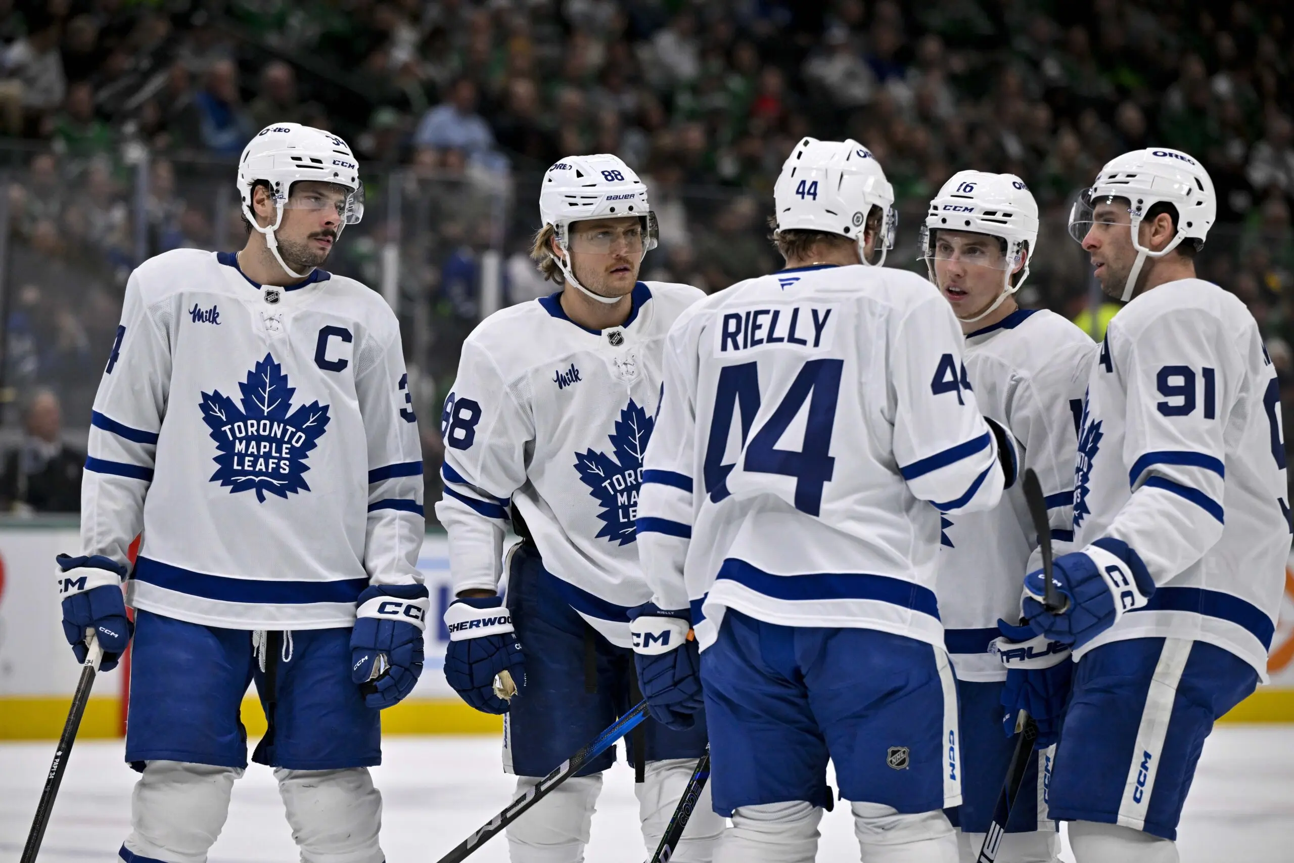Toronto Maple Leafs center John Tavares (91) and right wing William Nylander (88) and defenseman Morgan Rielly (44) and center Auston Matthews (34) and right wing Mitch Marner (16) prepare to go on the power play against the Dallas Stars during the first period at the American Airlines Center.