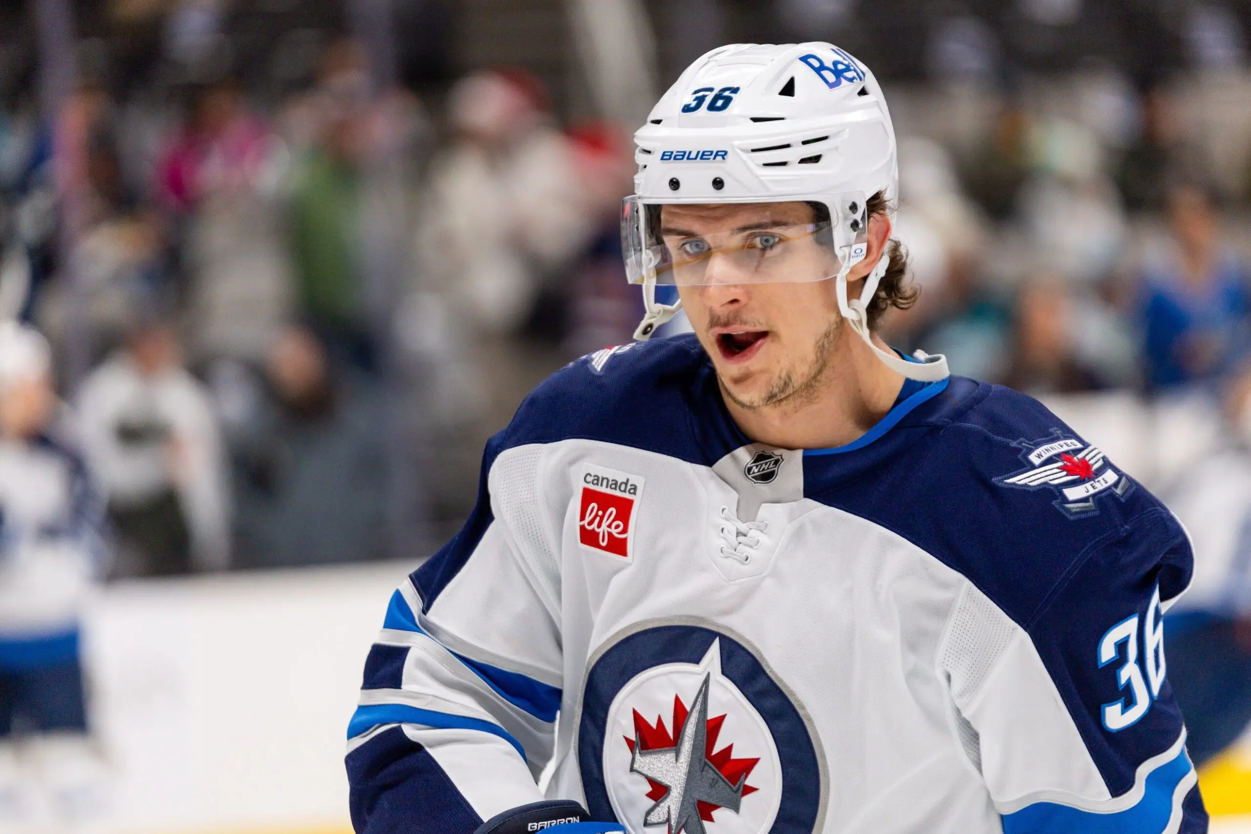 Winnipeg Jets center Morgan Barron (36) before the game between the Winnipeg Jets and the San Jose Sharks at SAP Center at San Jose.