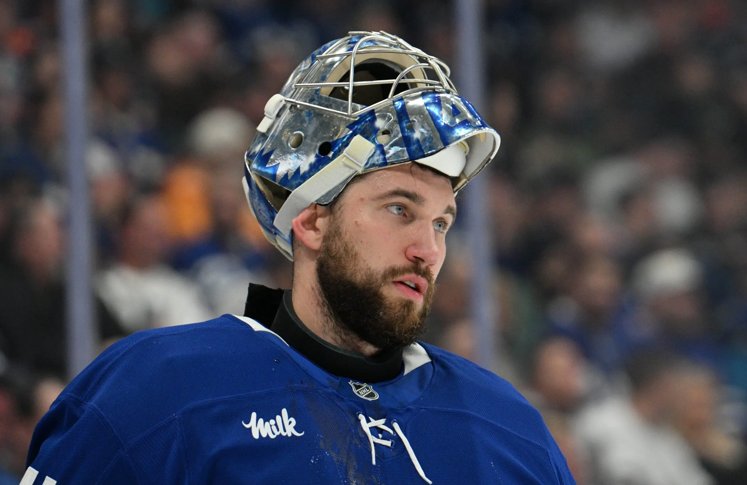 Toronto Maple Leafs goalie Anthony Stolarz (41) waits for play to resume during a timeout against the Edmonton Oilers in the second period at Scotiabank Arena.